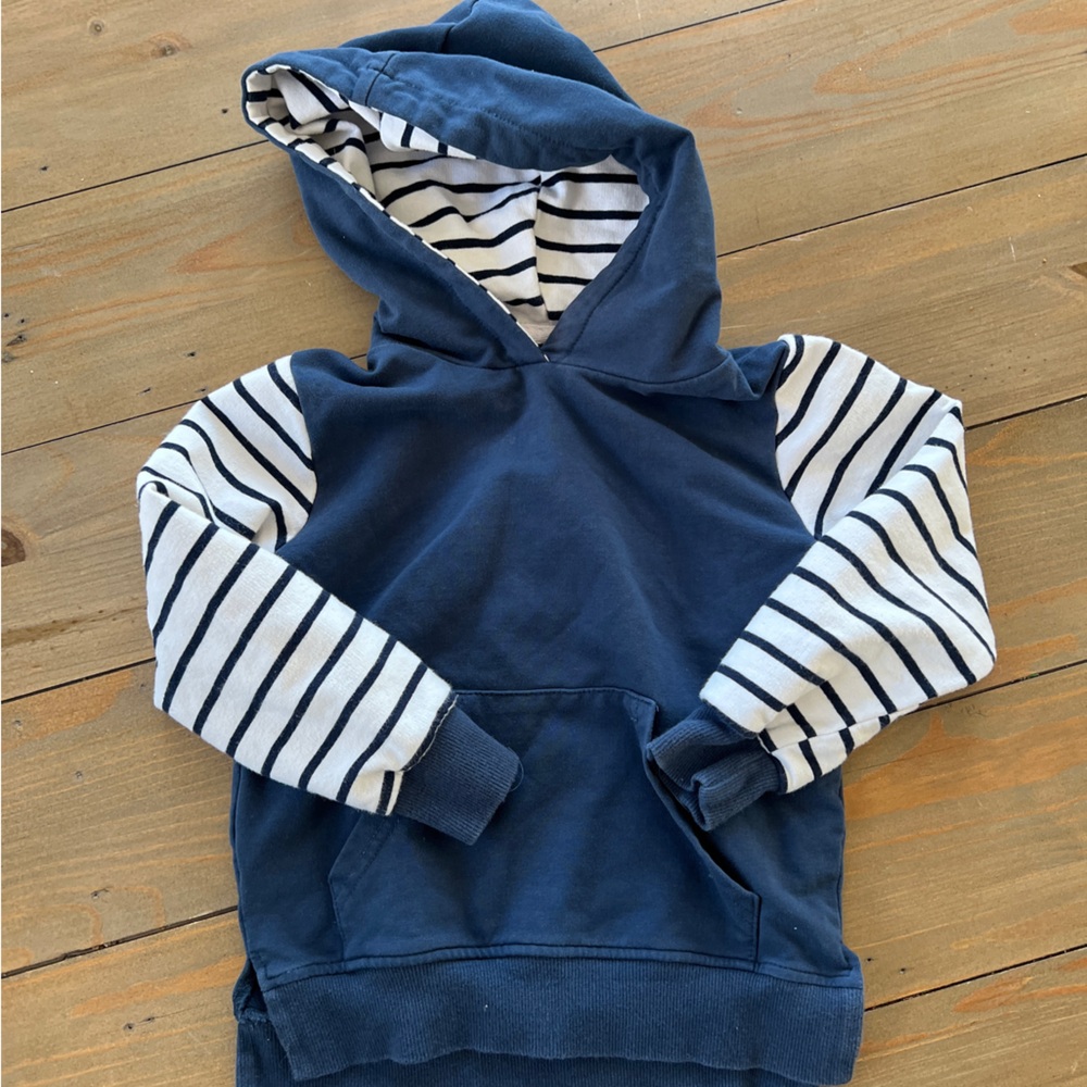 Little Bipsy Navy Hoodie with White & Navy Striped Sleeves